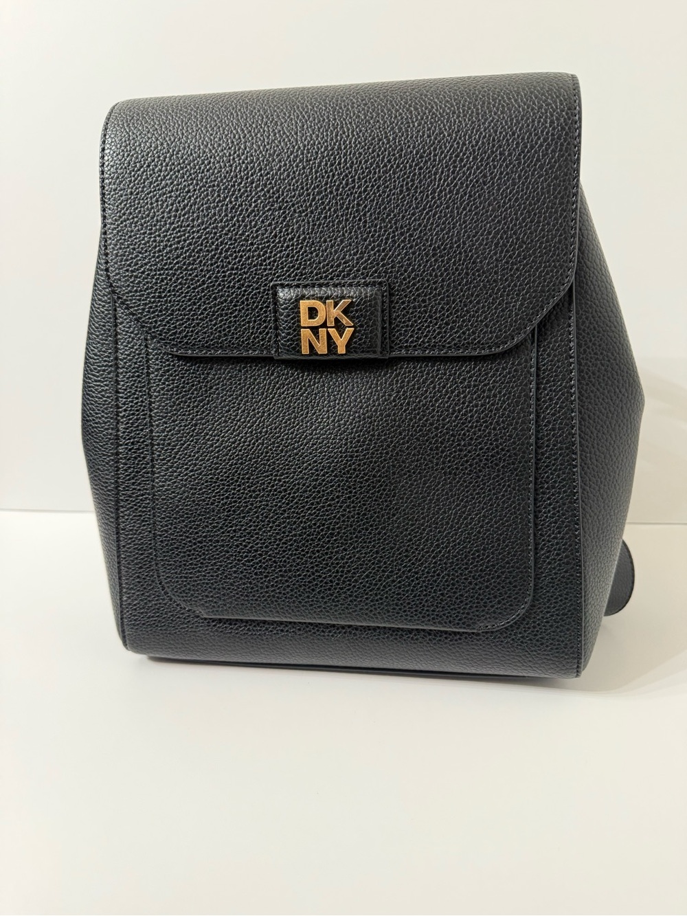 DKNY Robin Small Backpack Black Pebbled Faux Leather Gold Logo NWT Dust Bag - Picture 2 of 12